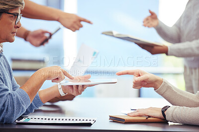 Buy stock photo Business people, hands and teamwork with tablet or multitasking, paperwork or brainstorming. Colleagues, fingers and project deadline with problem solving for solution meeting, decision or crisis