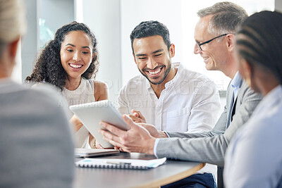 Buy stock photo Happy, business people and meeting with tablet in office for communication of company strategy and goals. Smile, corporate group and discussion with technology in boardroom for training interns