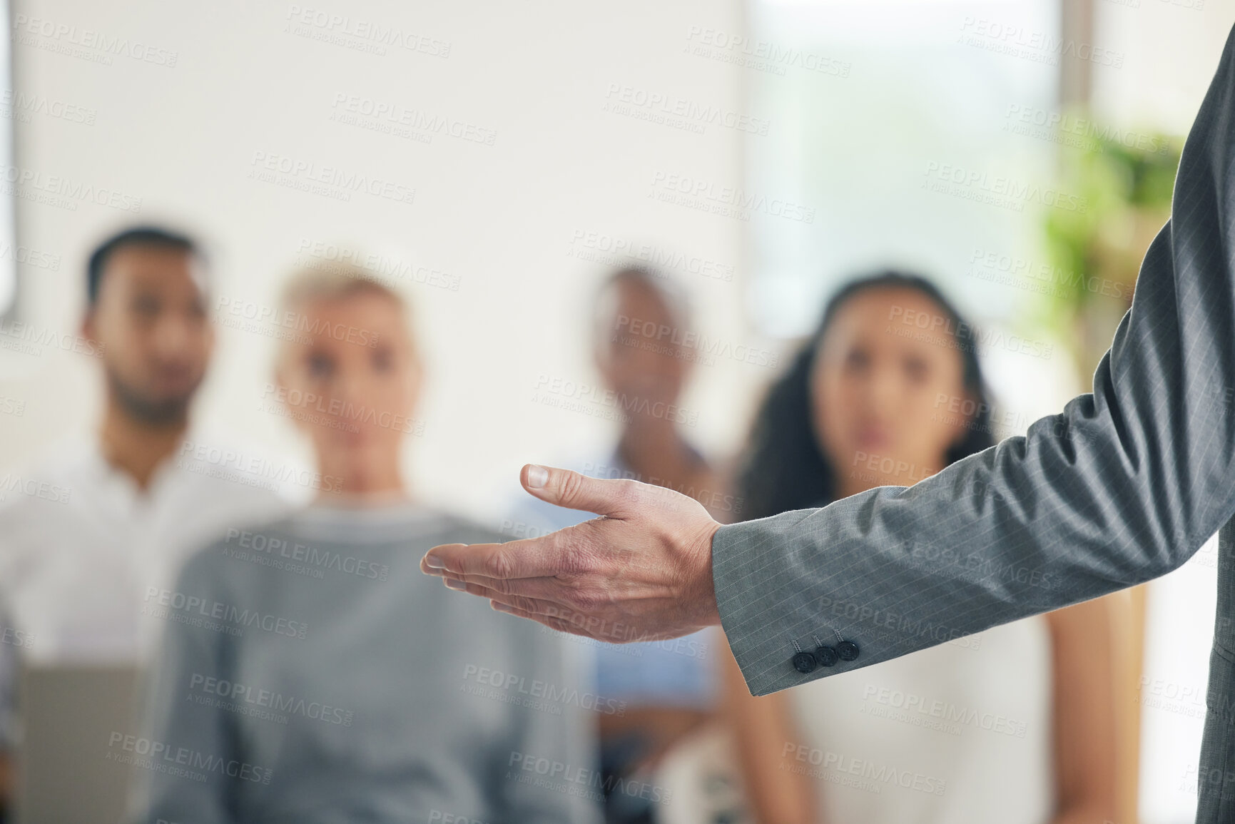 Buy stock photo Back view, businessman and speech in office for people, employees and coaching in workshop. Presentation, male speaker and audience for listening, company skills and professional seminar by mentor