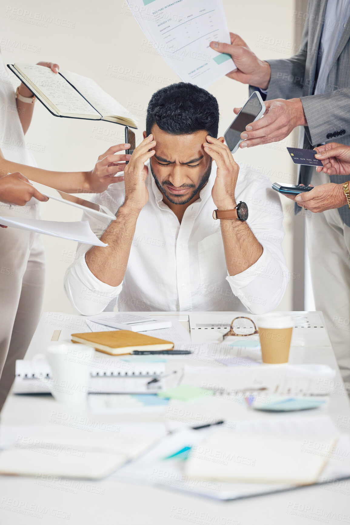 Buy stock photo Business, employee and man with a headache, multitasking and stress with documents, deadline or schedule. Male person, consultant or company director with a migraine, overworked or burnout with chaos