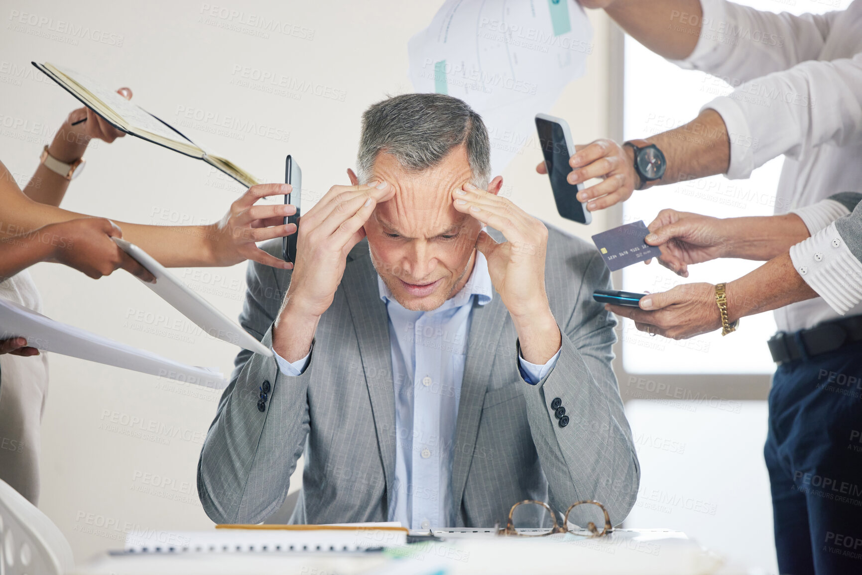 Buy stock photo Stress, headache and anxiety with business man for frustrated, pressure and burnout. Mental health, tired and overworked with male employee in office meeting for chaos, crisis and accountability