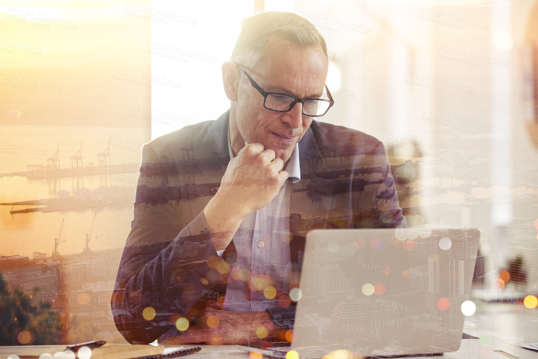 Buy stock photo Businessman, laptop and double exposure for networking, connection and law firm agency. Lawyer, technology and thinking for case research, legal website and computer for digital internet with glasses