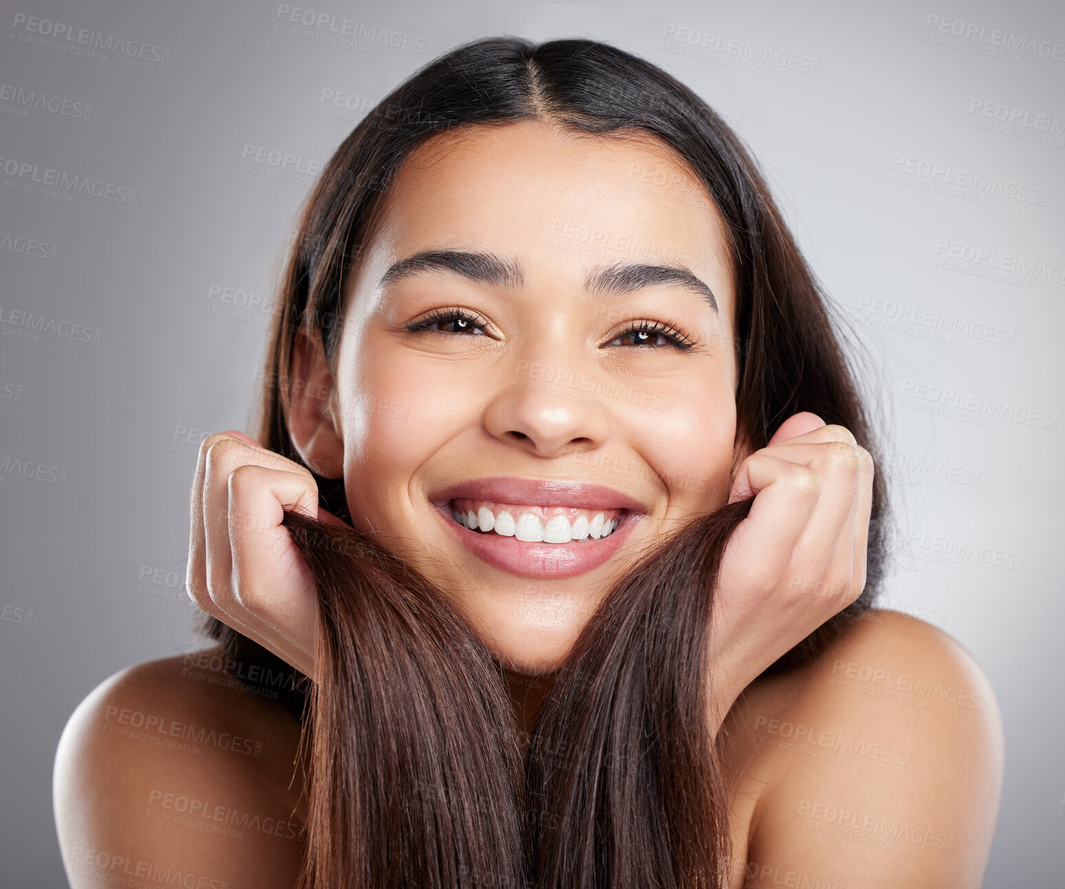 Buy stock photo Portrait, beauty and woman with hair care, smile and luxury treatment against a grey studio background. Face, female person or happy model with grooming routine, happiness and clean scalp with volume