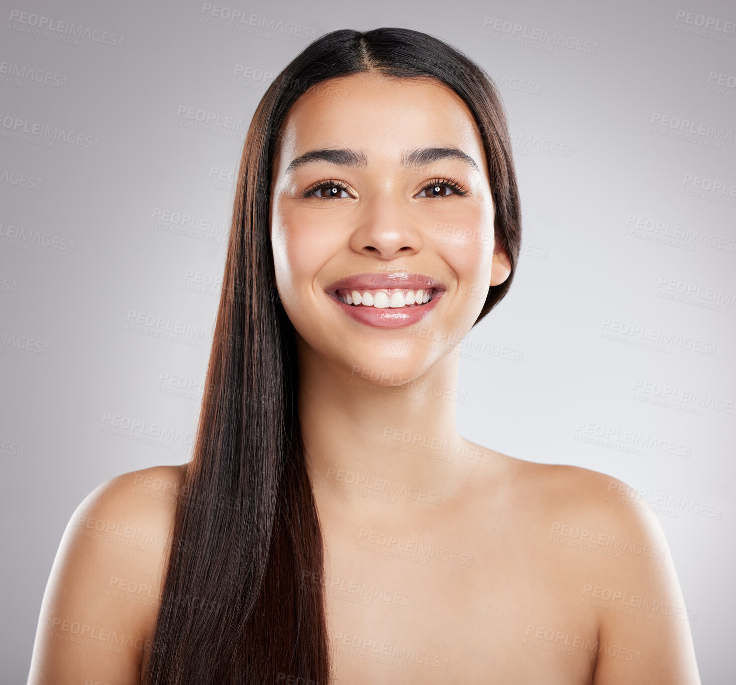 Buy stock photo Woman in portrait, hair and beauty with hairstyle and shine, haircare and growth isolated on studio background. Female model with smile, keratin treatment and cosmetic care, texture and glossy