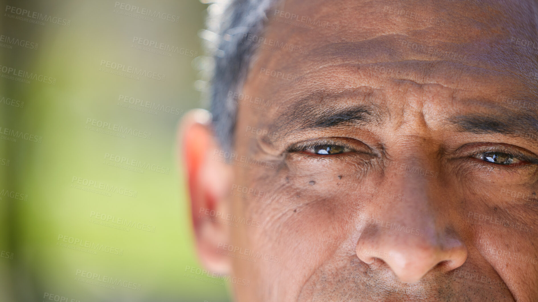 Buy stock photo Eyes, vision and closeup of elderly man, face and wisdom with focus, insight and thinking with mockup space. Old male person outdoor, perspective or point of view with eyesight and thoughtful