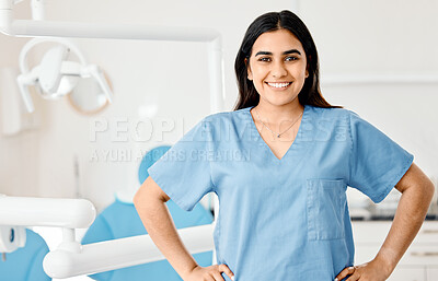 Buy stock photo Portrait, smile and nurse in an office, dentist and healthcare with happiness, success and career. Face, female person and professional with confidence, oral hygiene and dental care in the workplace