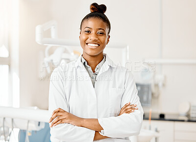Buy stock photo Portrait, black woman and dentist with arms crossed, office and confident with skills, happy employee or career success. Face, female person and medical professional with happiness and dental hygiene