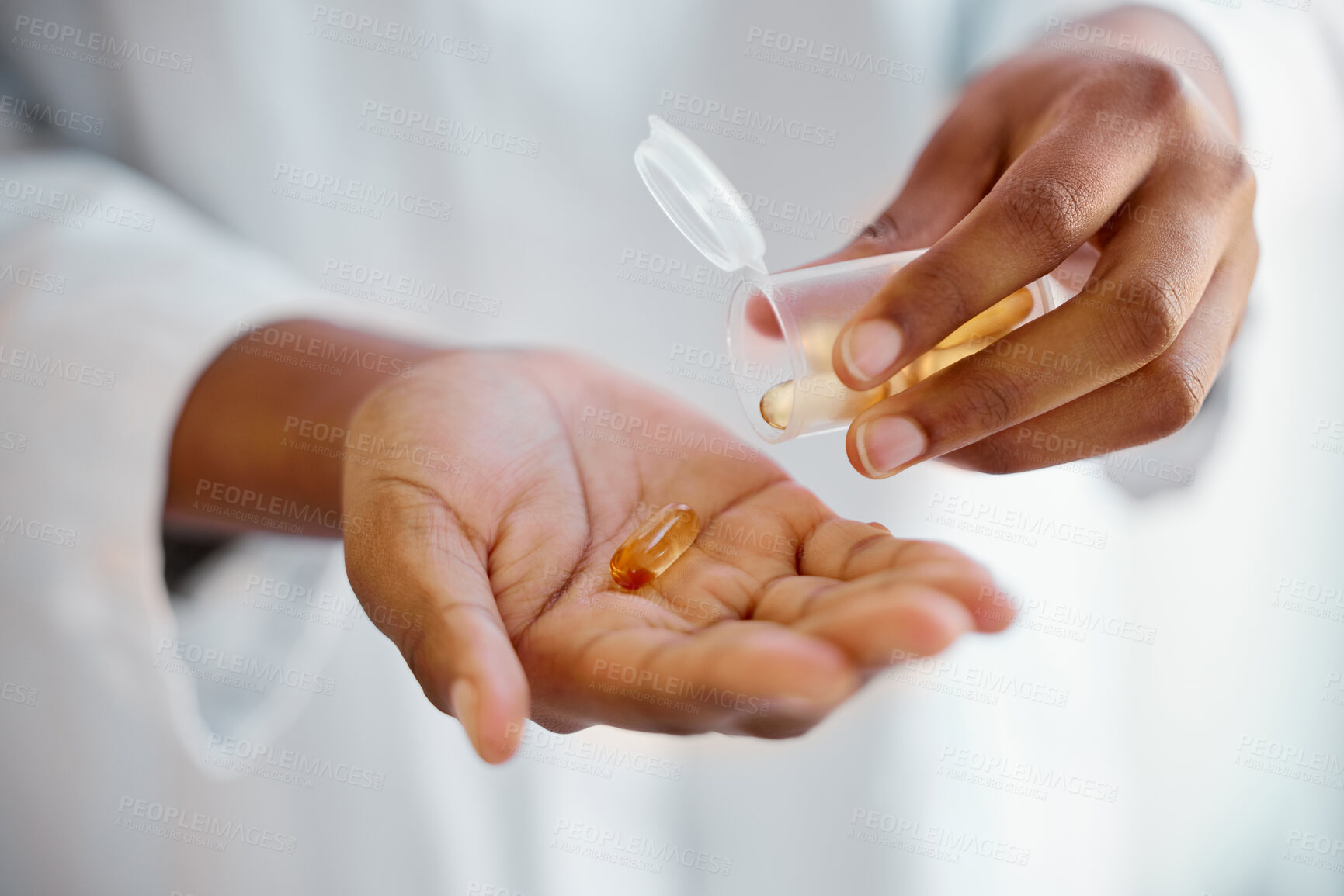 Buy stock photo Hands, pills bottle and palm in closeup for healthcare, supplement and omega 3 with pharmaceutical product. Sick person, medicine and plastic container for health, self care and prescription drugs