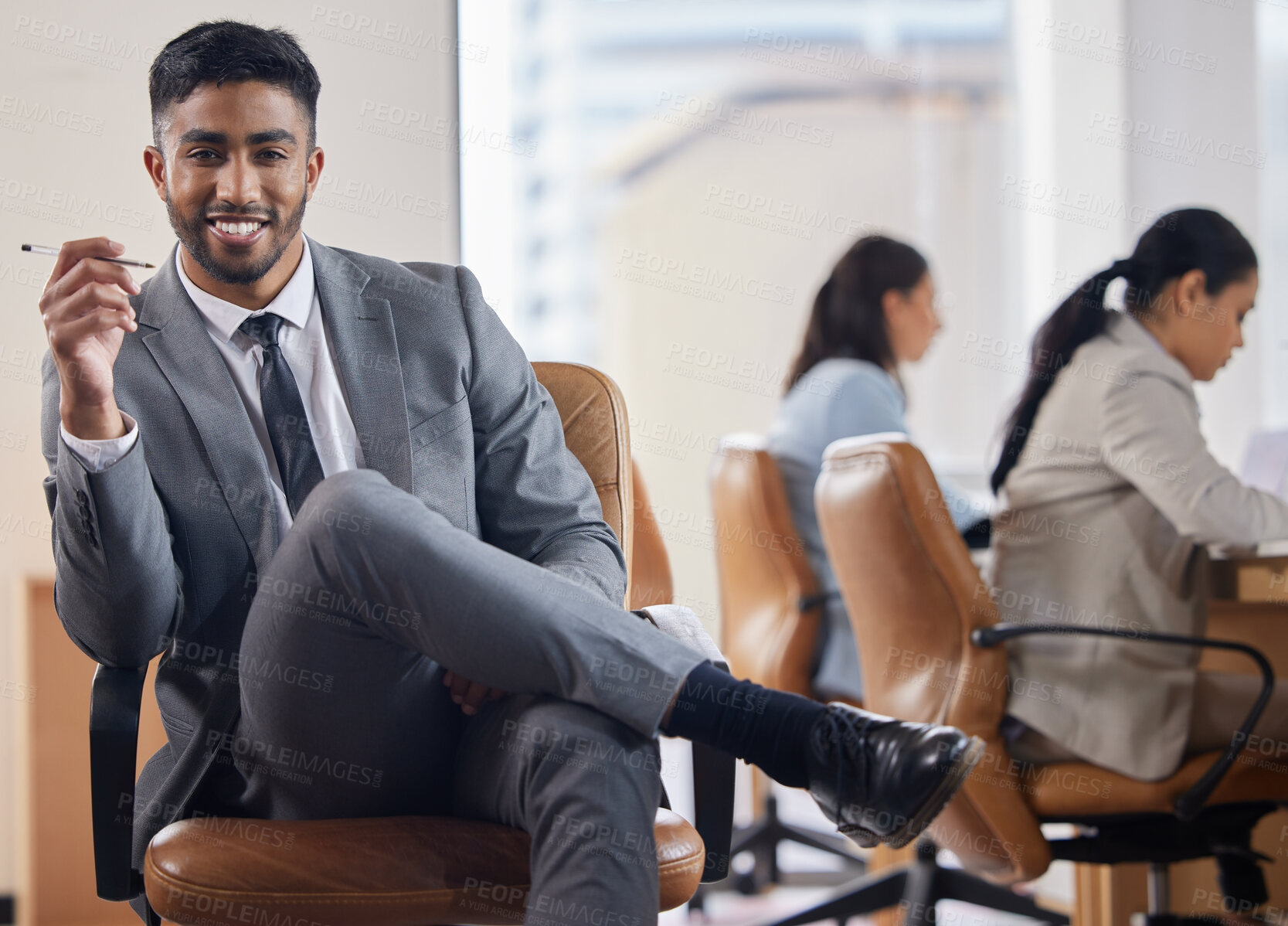 Buy stock photo Smile, pen and portrait of businessman on chair for corporate, confidence and pride in career. Company, lawyer and professional man with job for legal planning, consultant and happy at law firm