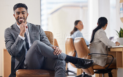 Buy stock photo Confident, smile and portrait of businessman on chair for corporate, positivity and pride in career. Law firm, attorney and professional man with happiness for legal planning, job and management