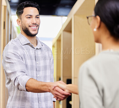 Buy stock photo Teamwork, smile or business people shaking hands in startup, b2b agreement and partnership. Support, closeup and entrepreneurs greeting in office for job promotion, deal negotiation and opportunity