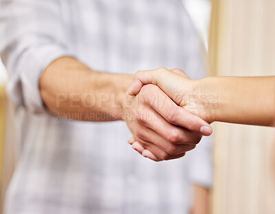 Buy stock photo Teamwork, interview or business people shaking hands in startup, b2b agreement and partnership. Support, closeup and employees greeting in office for job promotion, deal negotiation and opportunity 