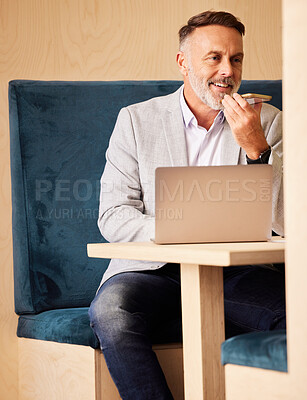 Buy stock photo Mature, phone call or businessman in office for voice recording or loudspeaker in audio message. Mobile app communication, microphone or entrepreneur talking, conversation or speaking of laptop info