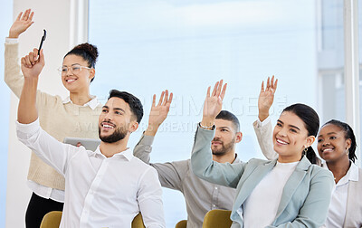 Buy stock photo Cropped shot of a young and diverse group of businesspeople raising their hands during a seminar in the conference room