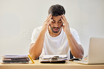 Buy stock photo Sleeping, business man headache and paperwork with a overworked and burnout of professional. Tired, worker and report deadline of a male person with fatigue from audit stress and anxiety from work