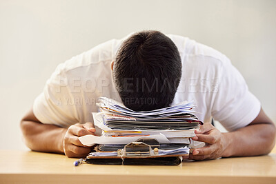 Buy stock photo Sleeping, business man and paperwork with a overworked and burnout of professional employee. Tired, worker and report deadline of a male person with fatigue from audit stress and anxiety from work