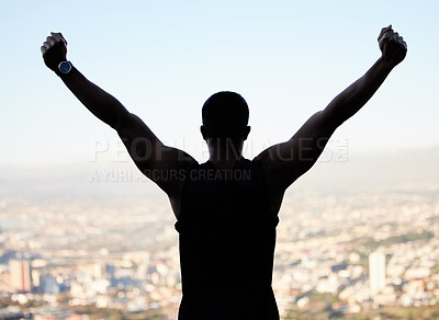 Buy stock photo City, man and silhouette of winner, champion and runner with wellness, sports achievement or success. Fitness, shadow and celebration for victory, goals or healthy body in outdoor training or workout