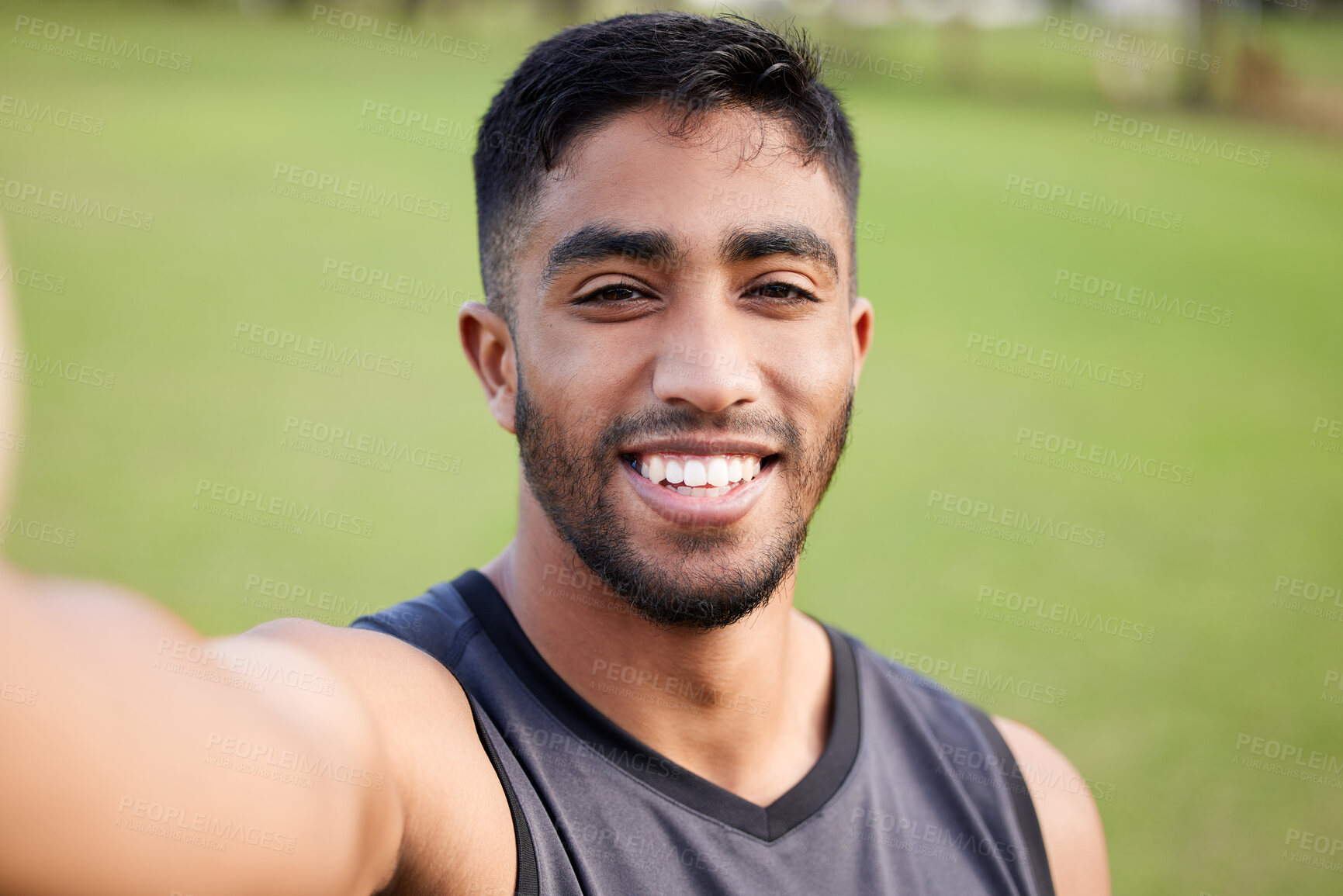 Buy stock photo Sports, exercise and selfie of man on field outdoor for soccer or football practice in summer. Happy, athlete and post profile picture on social media with healthy workout or fitness in nature