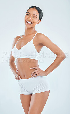 Buy stock photo Portrait, health and woman in underwear studio and nutrition lifestyle on white background. Smile, stomach wellness and detox diet for weight loss, belly and gut and colon balance with active body