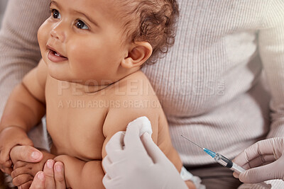 Buy stock photo Healthcare, needle and baby with injection, wellness and vaccine against illness, virus or sickness. Young person, infant or newborn with protection, prevention or medical procedure with consultation