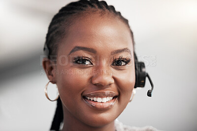 Buy stock photo Portrait, call center and black woman with a smile, agent and customer service with headphones. Face, female person and consultant with happiness, help and tech support with advice and consulting