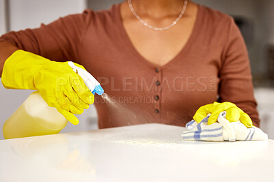 Buy stock photo hands of person, spray and wipe kitchen for  cleaning dirt, germs or bacteria with product. Housekeeping service, female cleaner or gloves for protection from chemical, hygiene or sanitize home