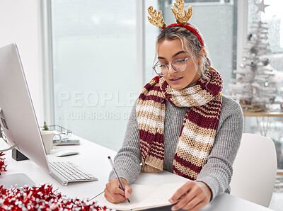 Buy stock photo Christmas, office and business woman writing notes for schedule, reminder or info in creative startup. Planning, notebook and professional on journal for ideas or agenda of secretary on xmas holiday