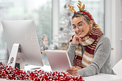 Buy stock photo Christmas, tablet and happy business woman research, reading email or xmas news in creative startup office. Tech, smile and professional receptionist on internet, website or secretary on holiday app