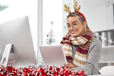 Buy stock photo Christmas, tablet and smile of business woman for research, reading email or xmas news in creative startup. Tech, happy and professional receptionist on internet, website or secretary on holiday app