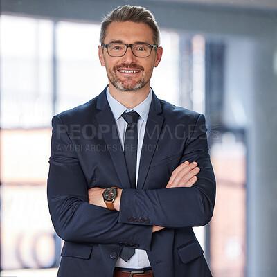 Buy stock photo Confident, happy and businessman in office for portrait as lawyer at firm with goal for company growth or future. Smile, mature person and corporate with arms crossed for mission or project at agency