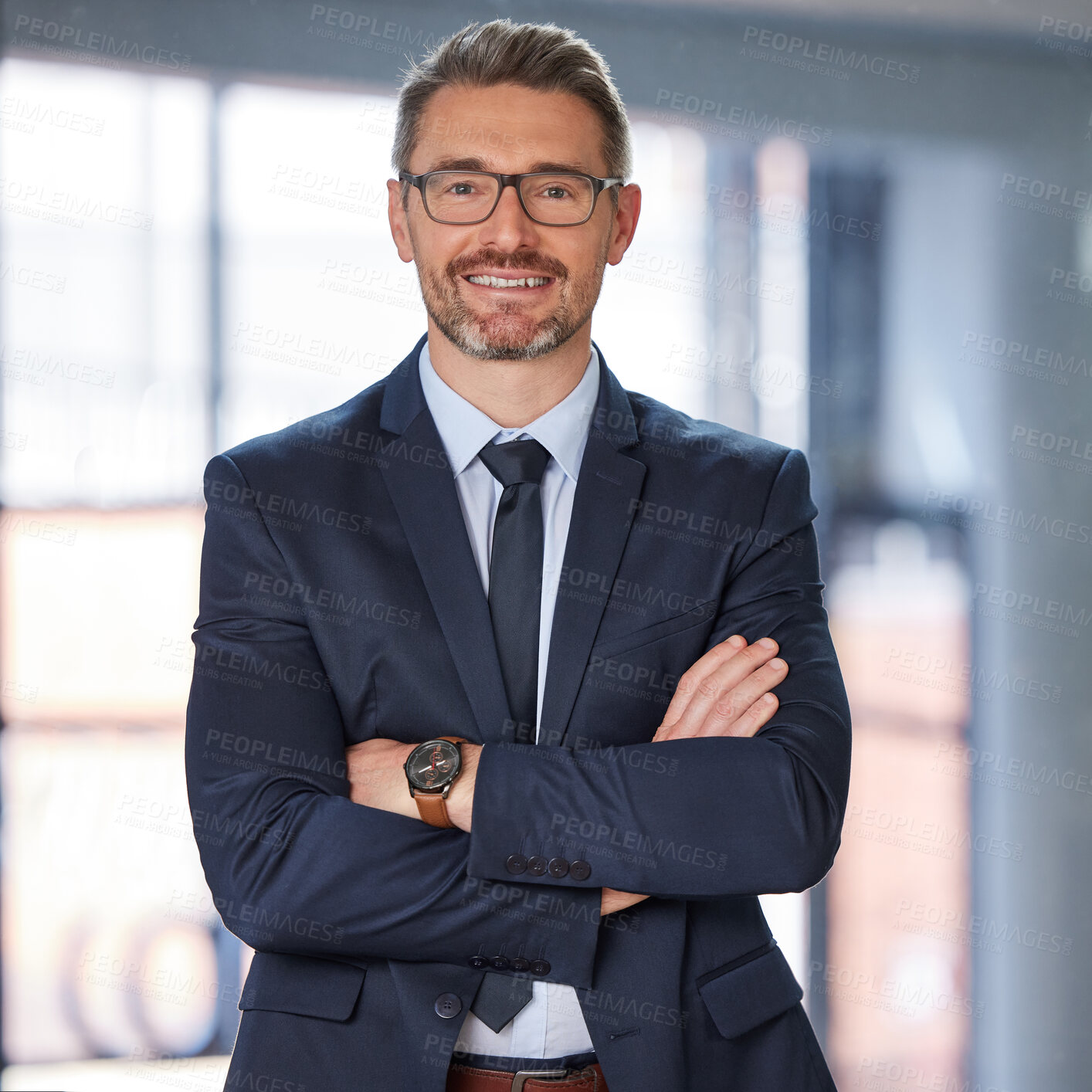 Buy stock photo Confident, happy and businessman in office for portrait as lawyer at firm with goal for company growth or future. Smile, mature person and corporate with arms crossed for mission or project at agency