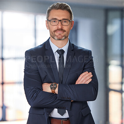 Buy stock photo Portrait, business and man with arms crossed, career and startup success with confidence, ceo and employee. Face, mature male person or happy entrepreneur in a suit, professional and boss with skills
