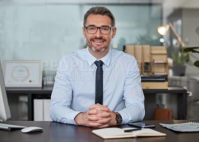 Buy stock photo Mature businessman, portrait and confidence sitting in office for work, company and career. Database administrator, notebook and information technology for planning, schedule and corporate job