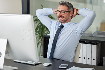 Buy stock photo Businessman, office and relax with smile at computer for happiness in company with positive. Technology, employee and satisfaction in for big win with online trading in workplace with unwind