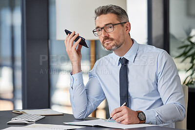 Buy stock photo Speaker, phone call and mature businessman writing in office for contact, faq or b2b networking communication. Financial, advice and accountant with smartphone conversation for planning, loan or help