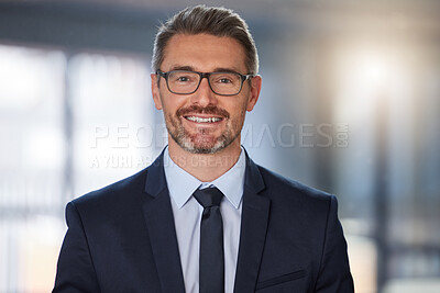 Buy stock photo Business, smile and portrait of mature man in office for confidence, happiness or management. Lens flare, entrepreneur and executive person for company growth, pride or professional attitude