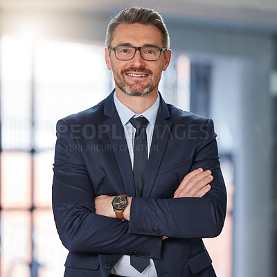 Buy stock photo Happy, businessman and portrait of CEO with arms crossed in confidence for corporate management. Confident senior man executive with smile for business leadership, company goals or boss at workplace