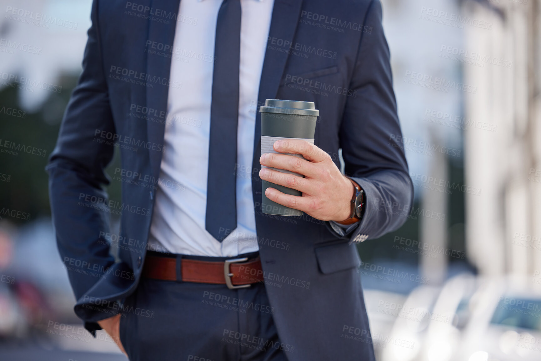 Buy stock photo Hands, businessman and coffee in city for morning, travel and career in New York. Lawyer, corporate male person and hot beverage on sidewalk for journey, company venture and walking in Manhattan