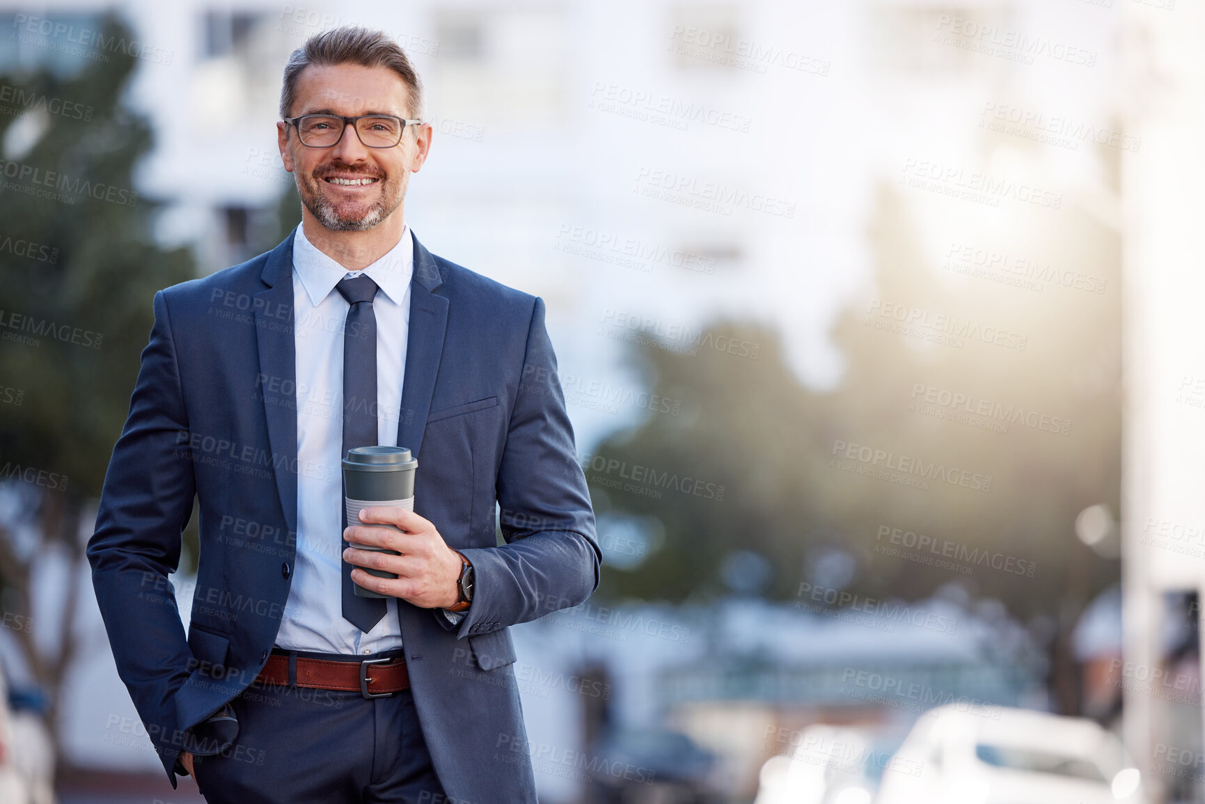 Buy stock photo Happy, businessman and coffee in city for morning, travel and career in New York. Lawyer, corporate male person and hot beverage on sidewalk for journey, happiness and walk in Manhattan for mockup