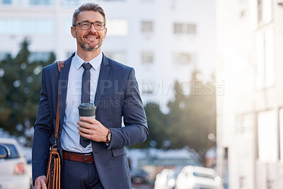 Buy stock photo Smile, businessman and coffee in city for morning, transportation and career in New York. Lawyer, corporate male and hot beverage on sidewalk for travel, walking and happiness in Manhattan street