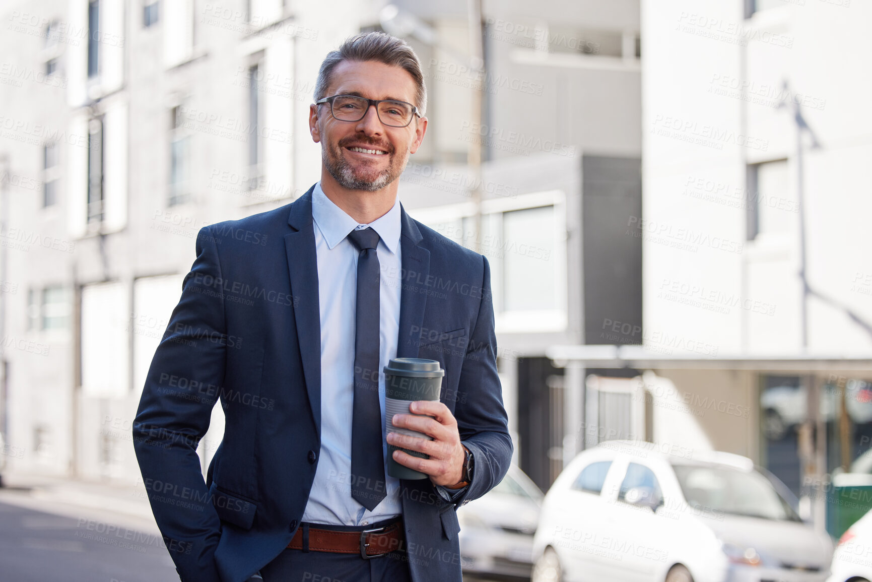 Buy stock photo Portrait, businessman and coffee in city for morning, travel and career in New York. Lawyer, corporate male person and hot beverage on sidewalk for executive, happiness and walking in Manhattan