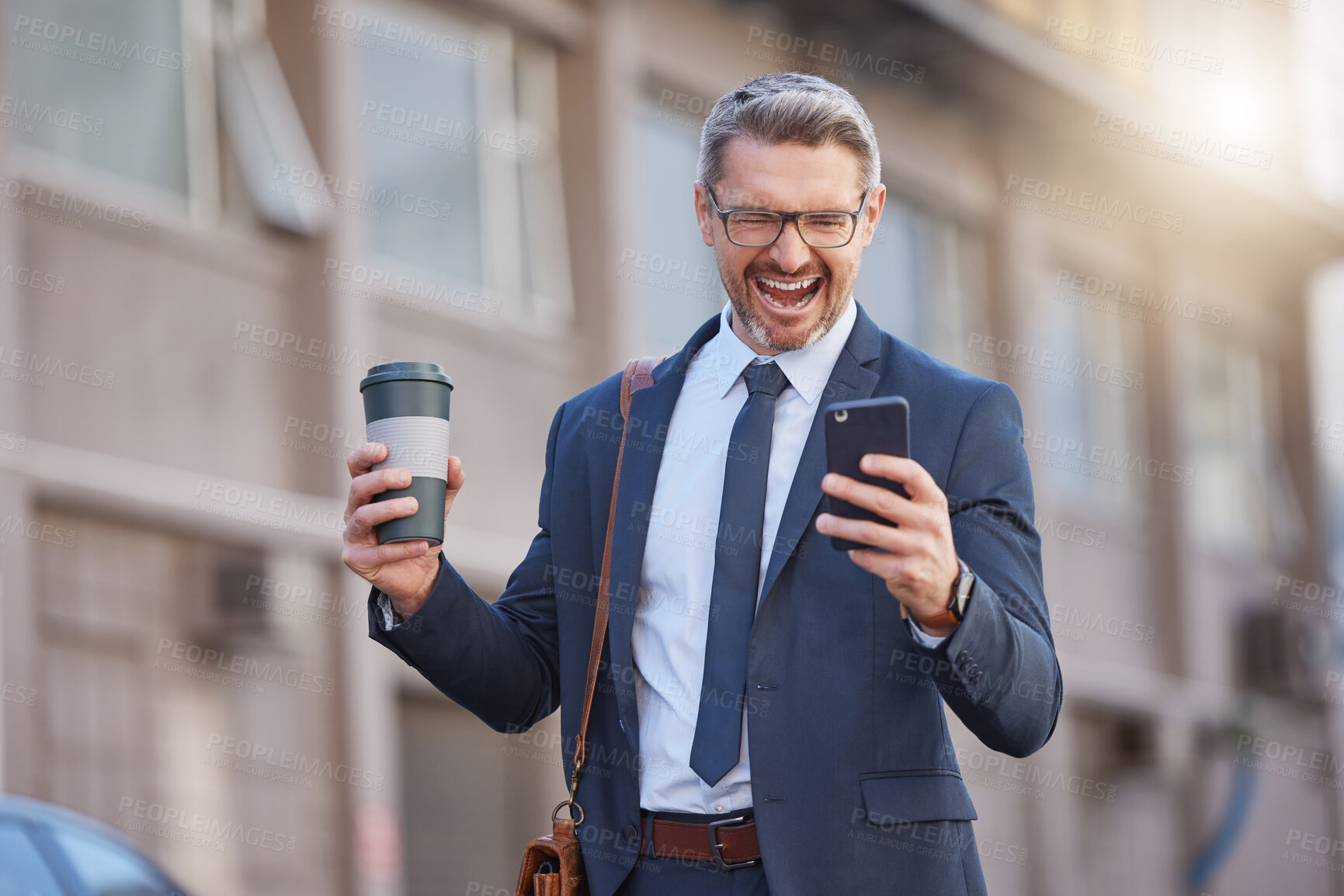 Buy stock photo City, phone and winner business man outdoor for morning commute to work in corporate suit. Achievement, celebration and success with mature employee reading text message for bonus or promotion