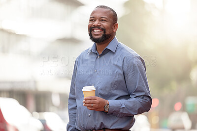 Buy stock photo Mature man, coffee and walking by city street with lens flare, travel and commute on urban road. Happy black male entrepreneur, drink and smile for outdoor trip with work break, downtown and sunshine