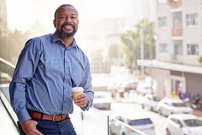 Buy stock photo Man, portrait and office balcony in city with drink, summer and corporate employee for work break. Black male entrepreneur, coffee and railing in workplace with smile, business career and sunshine