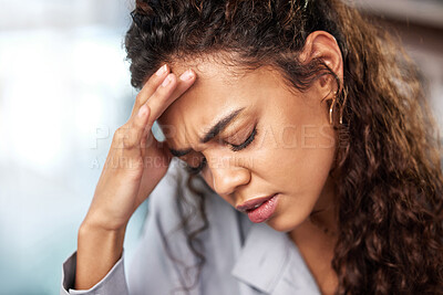 Buy stock photo Tired, woman and headache in office for business work, stress and tension of burnout or mental health. Female employee, migraine and fatigue in workplace for overworked, anxiety and exhausted of job.