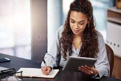 Buy stock photo Tablet, writing and research with business woman in office for idea, networking or website. Schedule, internet and technology with female employee with notebook for entrepreneur, email and planning