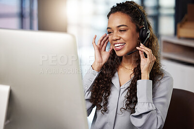 Buy stock photo Call center, headset or happy woman laughing in communication at telecom customer services. Microphone, funny smile or friendly sales agent consulting, speaking or talking in tech support help desk