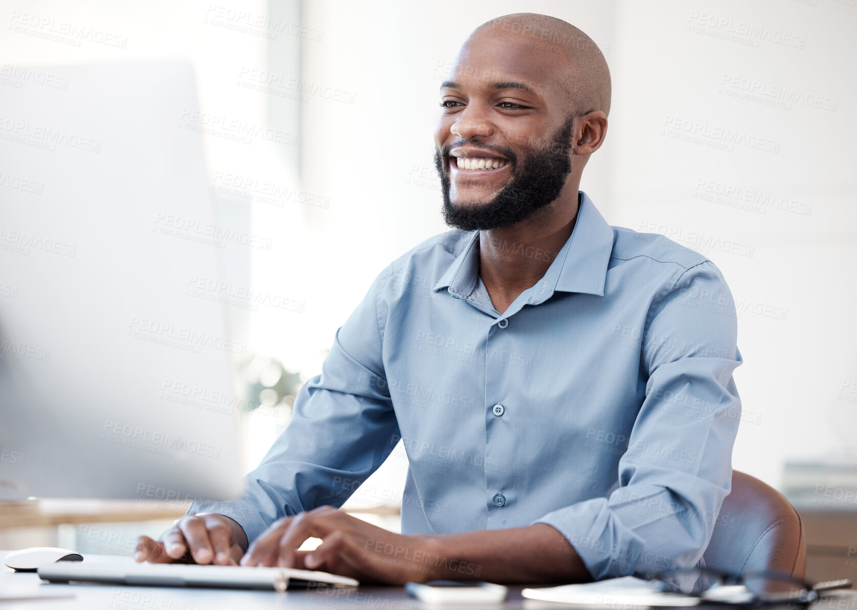 Buy stock photo Computer, typing and black man with smile in office for research with corporate legal case for startup. Technology, happy and African attorney working on law procedure for policy review on desktop.