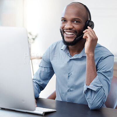 Buy stock photo Black man, callcenter with phone call and computer, communication with headset and contact us in office. Male consultant in portrait, customer service and tech support with help desk worker and smile