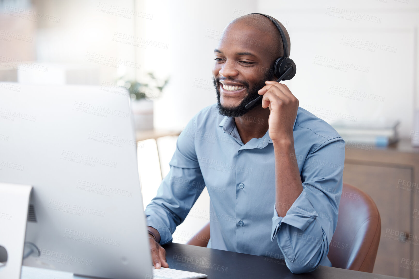 Buy stock photo Black man, callcenter with phone call and contact us, communication with headset and CRM in office. Male consultant at computer,  customer service or telemarketing, tech support and help desk worker